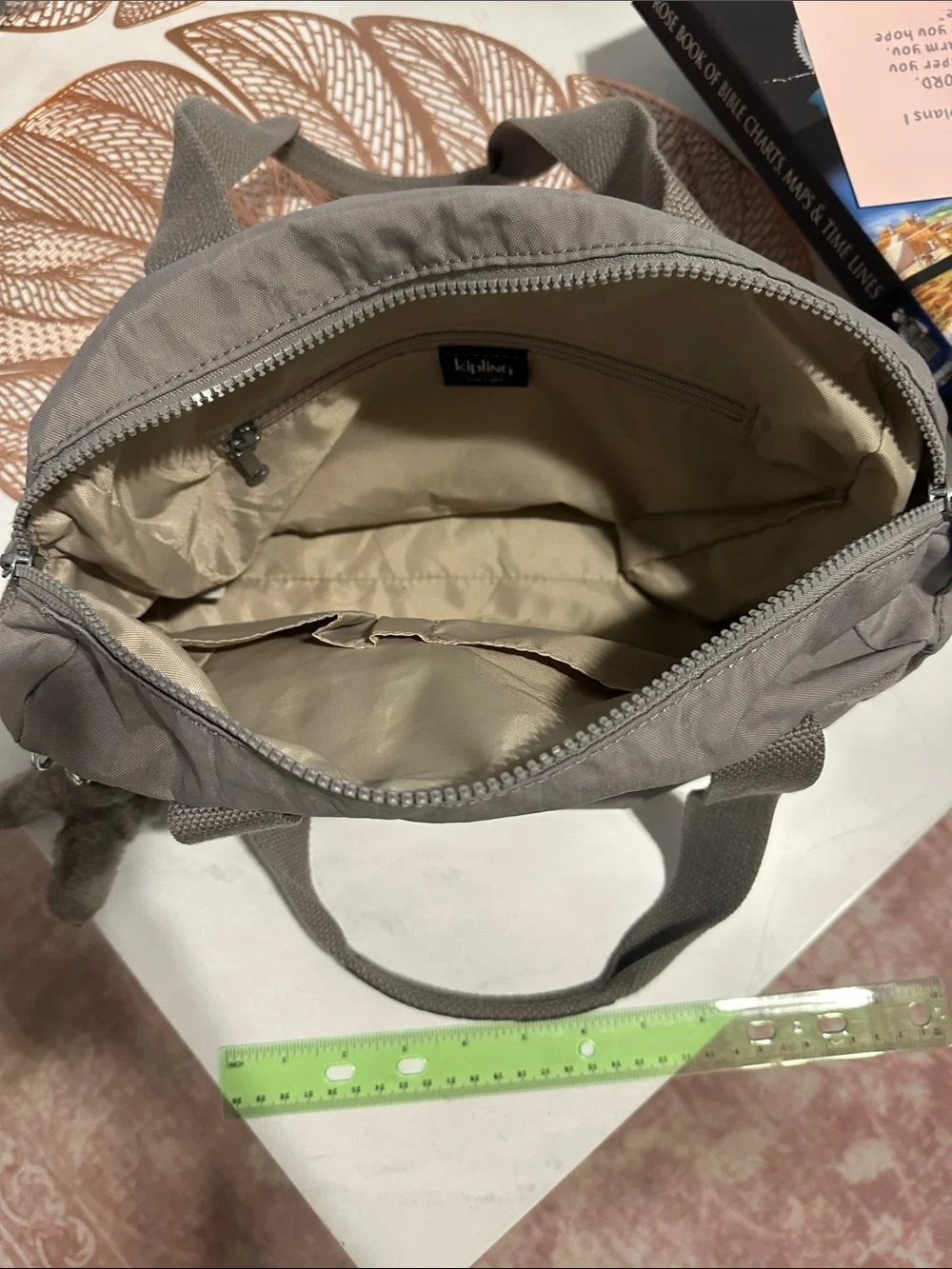 Kipling Taupe Gray Nylon Messenger Bag with Plush Keychain barely used